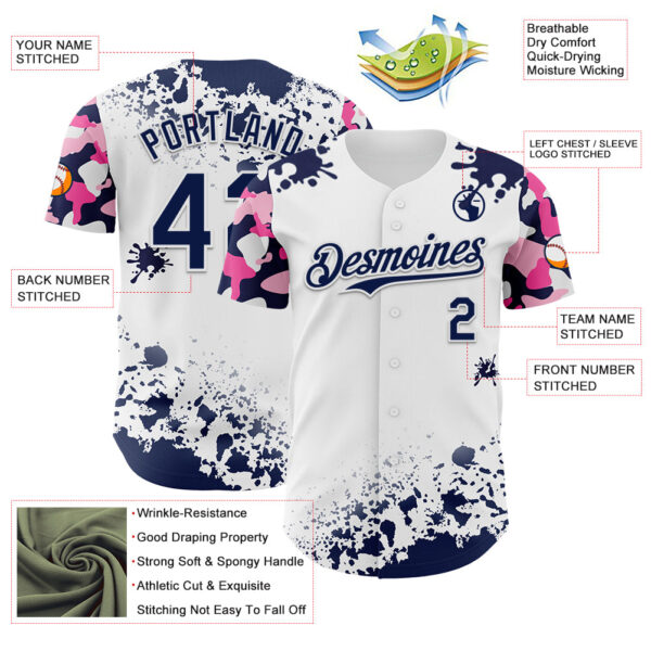 Custom White Navy-Pink Splatter Camo Two Tone Authentic Baseball Jersey