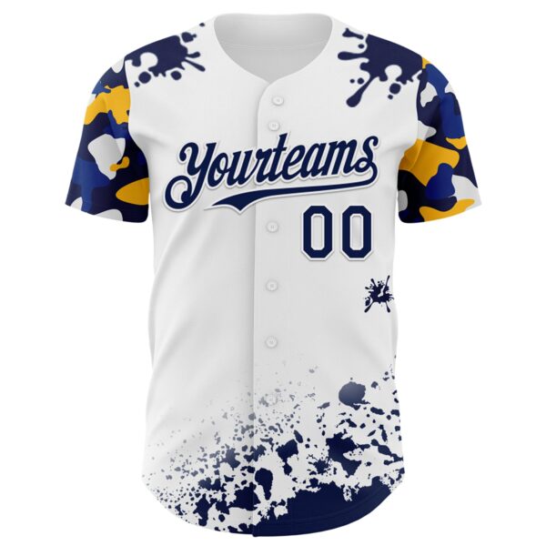 Custom White Navy-Yellow Splatter Camo Two Tone Authentic Baseball Jersey