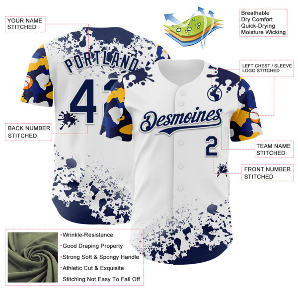 Custom White Navy-Yellow Splatter Camo Two Tone Authentic Baseball Jersey