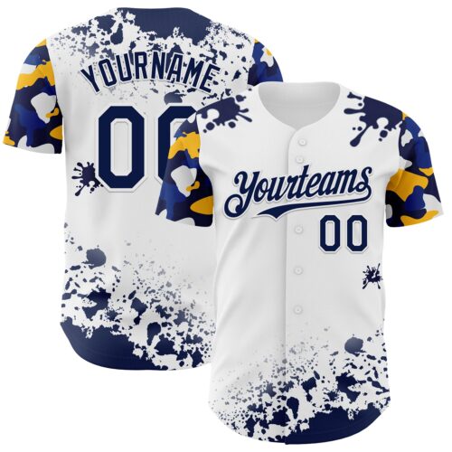Custom White Navy-Yellow Splatter Camo Two Tone Authentic Baseball Jersey
