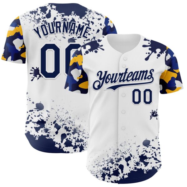 Custom White Navy-Yellow Splatter Camo Two Tone Authentic Baseball Jersey