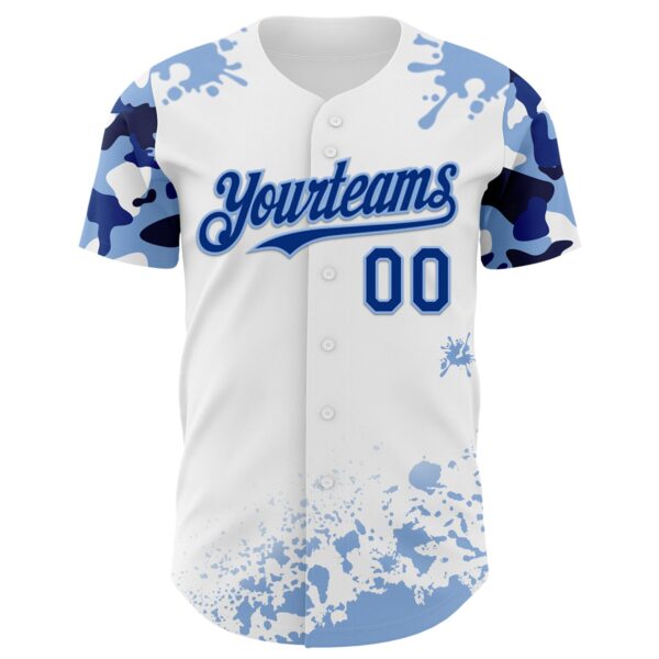 Custom White Royal-Light Blue Splatter Camo Two Tone Authentic Baseball Jersey
