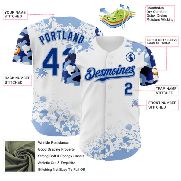 Custom White Royal-Light Blue Splatter Camo Two Tone Authentic Baseball Jersey