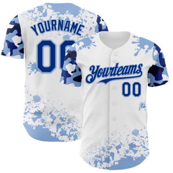 Custom White Royal-Light Blue Splatter Camo Two Tone Authentic Baseball Jersey