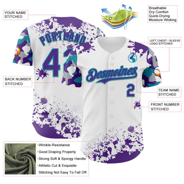 Custom White Purple Teal-Gray Splatter Camo Two Tone Authentic Baseball Jersey