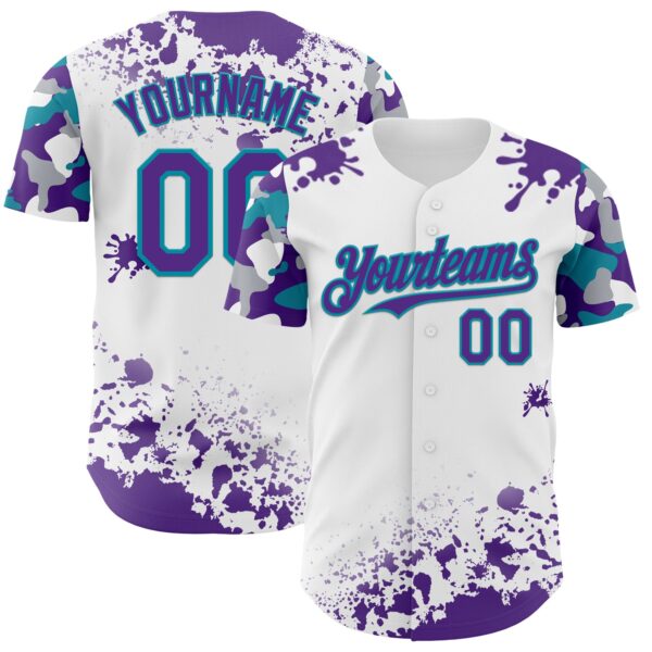 Custom White Purple Teal-Gray Splatter Camo Two Tone Authentic Baseball Jersey