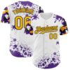 Custom White Gold Black-Purple Splatter Camo Two Tone Authentic Baseball Jersey