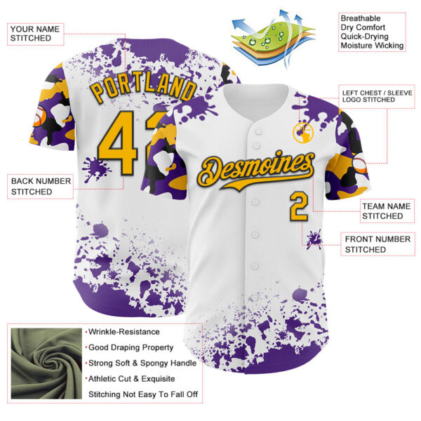 Custom White Gold Black-Purple Splatter Camo Two Tone Authentic Baseball Jersey