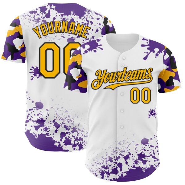 Custom White Gold Black-Purple Splatter Camo Two Tone Authentic Baseball Jersey