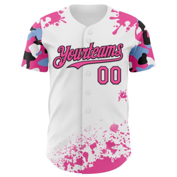 Custom White Pink Black-Blue Splatter Camo Two Tone Authentic Baseball Jersey