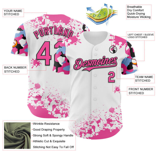 Custom White Pink Black-Blue Splatter Camo Two Tone Authentic Baseball Jersey