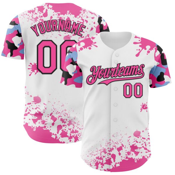Custom White Pink Black-Blue Splatter Camo Two Tone Authentic Baseball Jersey