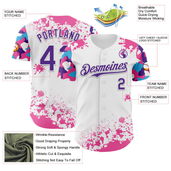 Custom White Purple Pink-Blue Splatter Camo Two Tone Authentic Baseball Jersey