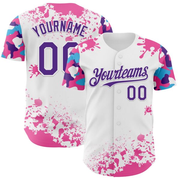 Custom White Purple Pink-Blue Splatter Camo Two Tone Authentic Baseball Jersey