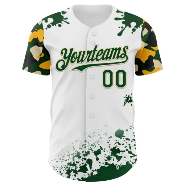 Custom White Green Cream-Yellow Splatter Camo Two Tone Authentic Baseball Jersey
