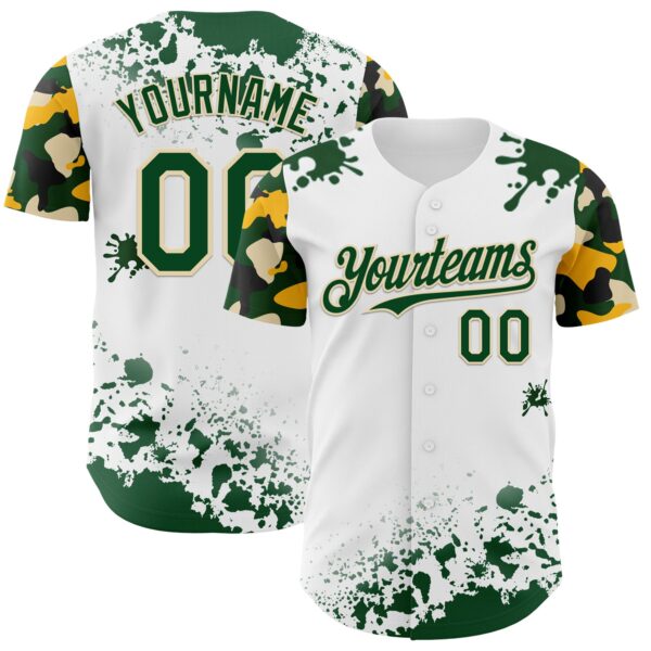 Custom White Green Cream-Yellow Splatter Camo Two Tone Authentic Baseball Jersey