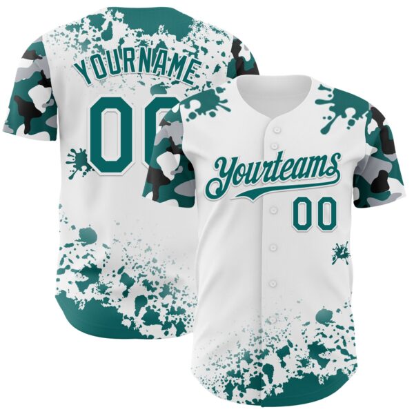 Custom White Teal Black-Gray Splatter Camo Two Tone Authentic Baseball Jersey