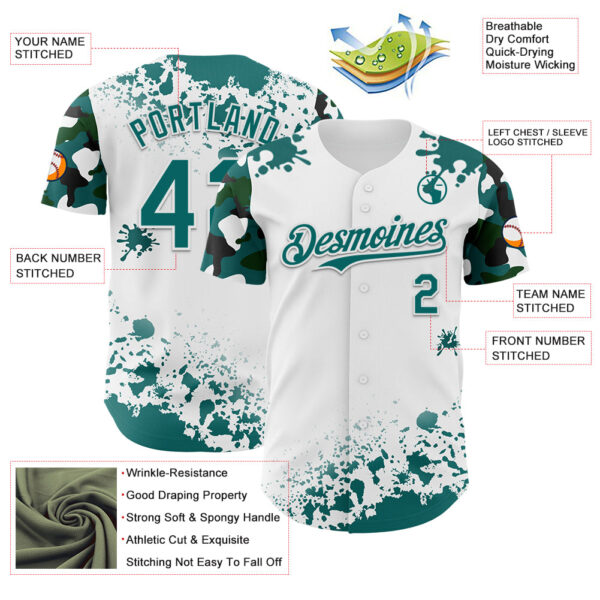 Custom White Teal-Black Splatter Camo Two Tone Authentic Baseball Jersey