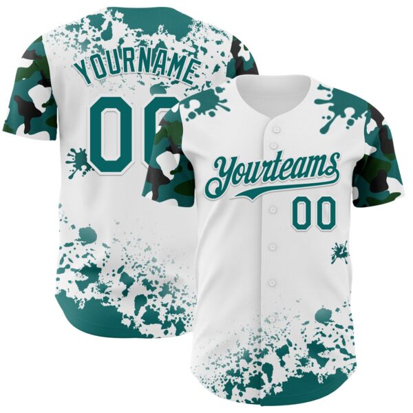 Custom White Teal-Black Splatter Camo Two Tone Authentic Baseball Jersey