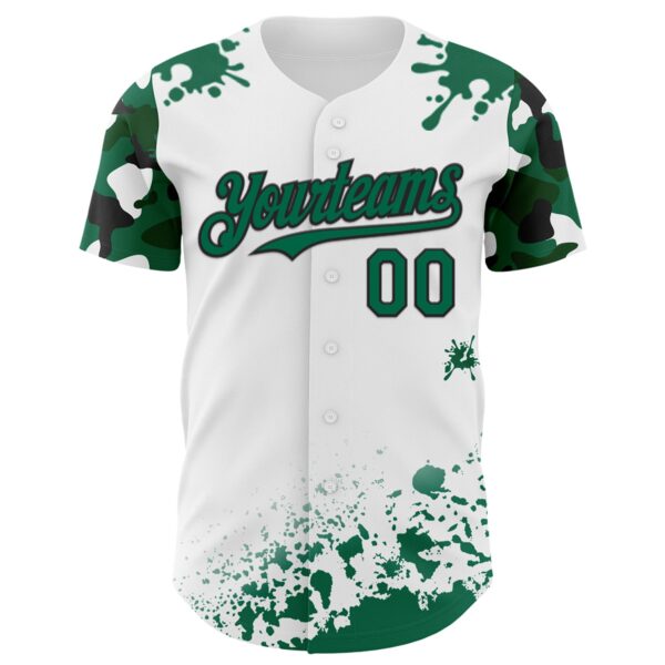 Custom White Kelly Green-Black Splatter Camo Two Tone Authentic Baseball Jersey