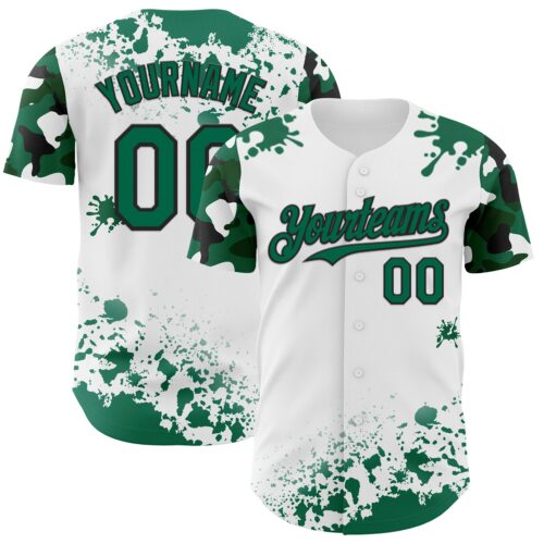 TwoTone1339 Custom White Kelly Green-Black Splatter Camo Two Tone Authentic Baseball Jersey