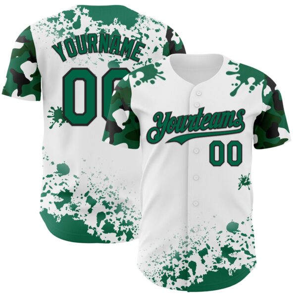 Custom White Kelly Green-Black Splatter Camo Two Tone Authentic Baseball Jersey