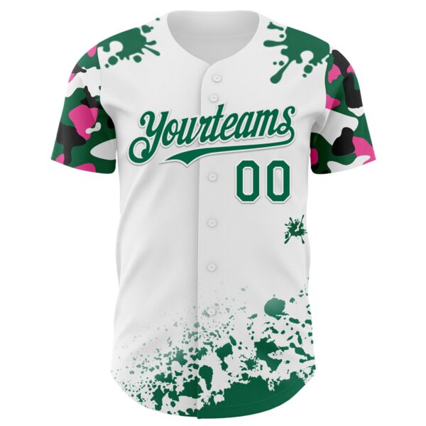 Custom White Kelly Green Pink-Black Splatter Camo Two Tone Authentic Baseball Jersey