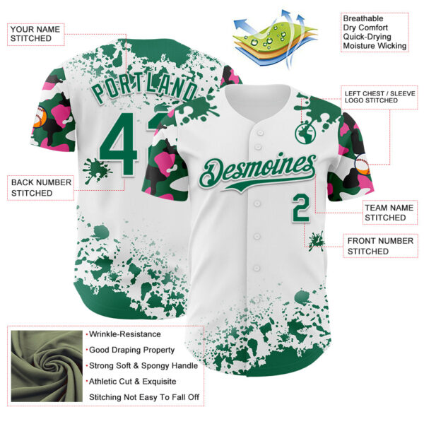 Custom White Kelly Green Pink-Black Splatter Camo Two Tone Authentic Baseball Jersey