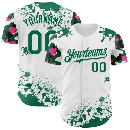 TwoTone1340 Custom White Kelly Green Pink-Black Splatter Camo Two Tone Authentic Baseball Jersey