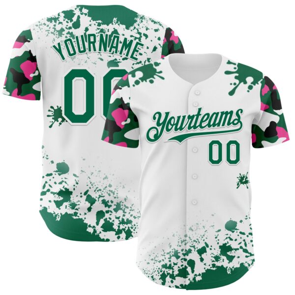 Custom White Kelly Green Pink-Black Splatter Camo Two Tone Authentic Baseball Jersey