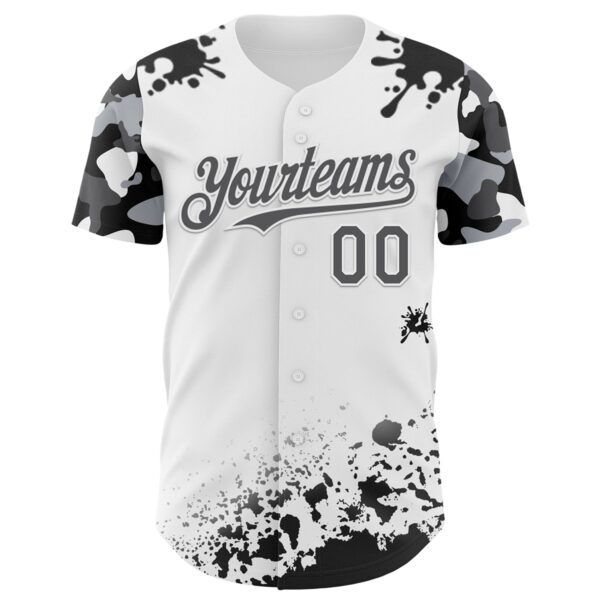 Custom White Steel Gray-Black Splatter Camo Two Tone Authentic Baseball Jersey
