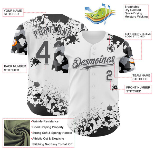 Custom White Steel Gray-Black Splatter Camo Two Tone Authentic Baseball Jersey