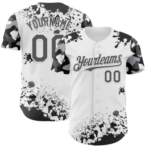 TwoTone1341 Custom White Steel Gray-Black Splatter Camo Two Tone Authentic Baseball Jersey