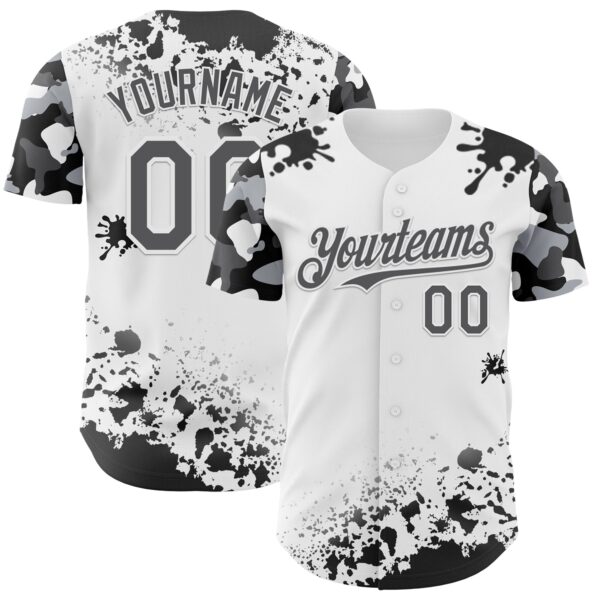 Custom White Steel Gray-Black Splatter Camo Two Tone Authentic Baseball Jersey