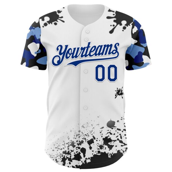 Custom White Royal-Black Splatter Camo Two Tone Authentic Baseball Jersey