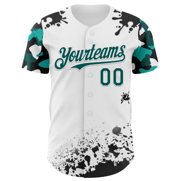 Custom White Midnight Green-Black Splatter Camo Two Tone Authentic Baseball Jersey