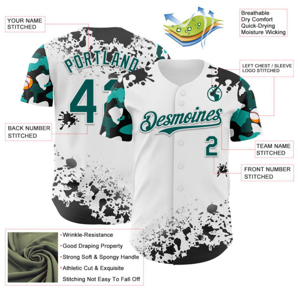 Custom White Midnight Green-Black Splatter Camo Two Tone Authentic Baseball Jersey