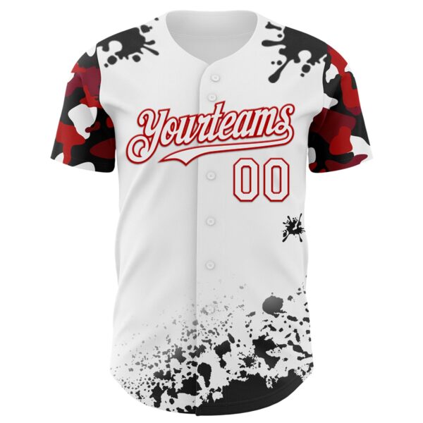 Custom White Red-Black Splatter Camo Two Tone Authentic Baseball Jersey