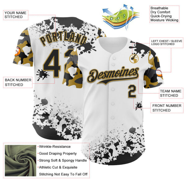 Custom White Black-Old Gold Splatter Camo Two Tone Authentic Baseball Jersey