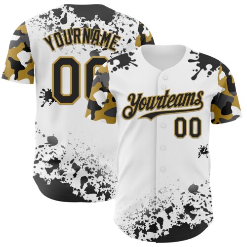 TwoTone1345 Custom White Black-Old Gold Splatter Camo Two Tone Authentic Baseball Jersey