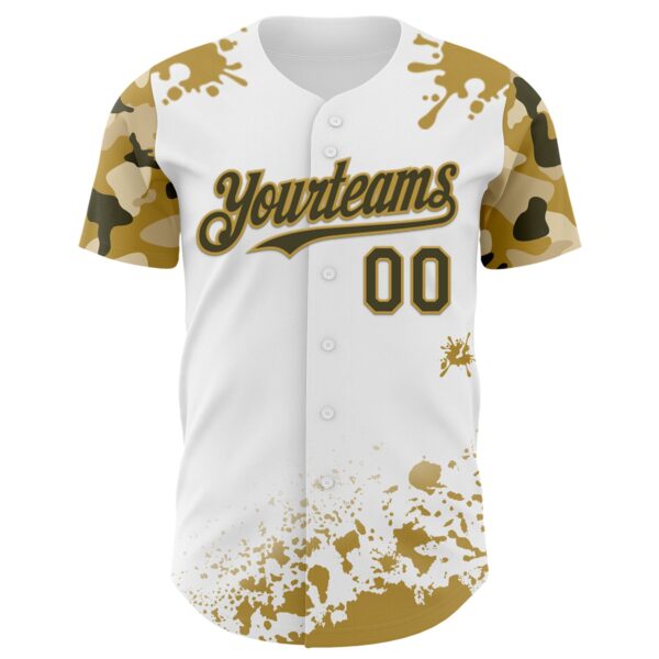 Custom White Olive-Old Gold Splatter Camo Two Tone Authentic Baseball Jersey