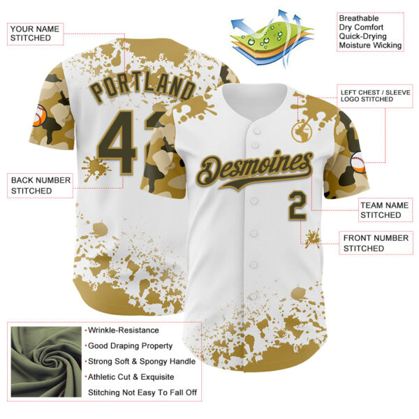 Custom White Olive-Old Gold Splatter Camo Two Tone Authentic Baseball Jersey