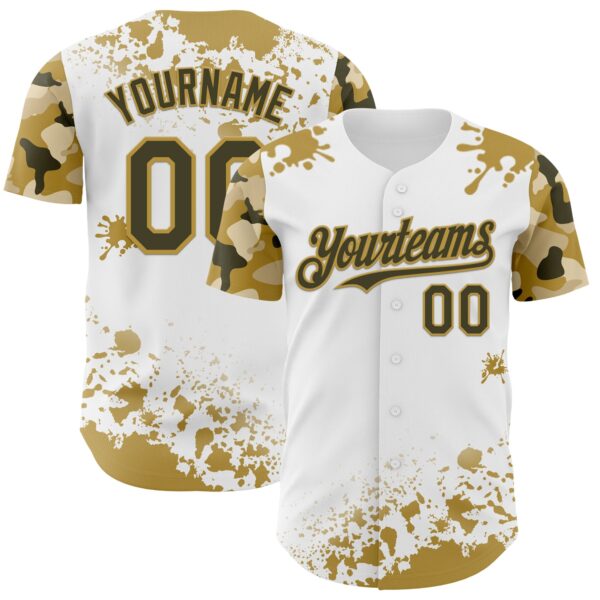 Custom White Olive-Old Gold Splatter Camo Two Tone Authentic Baseball Jersey