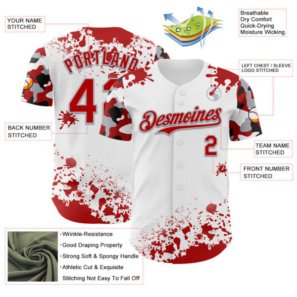 Custom White Red Gray-Black Splatter Camo Two Tone Authentic Baseball Jersey