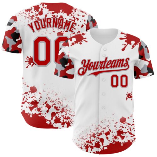 TwoTone1347 Custom White Red Gray-Black Splatter Camo Two Tone Authentic Baseball Jersey