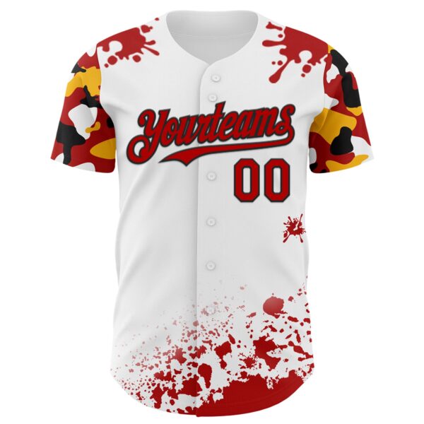 Custom White Red Black-Yellow Splatter Camo Two Tone Authentic Baseball Jersey