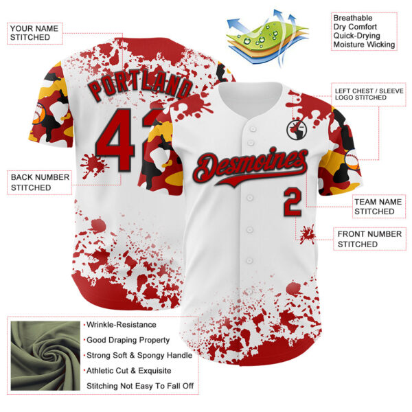 Custom White Red Black-Yellow Splatter Camo Two Tone Authentic Baseball Jersey