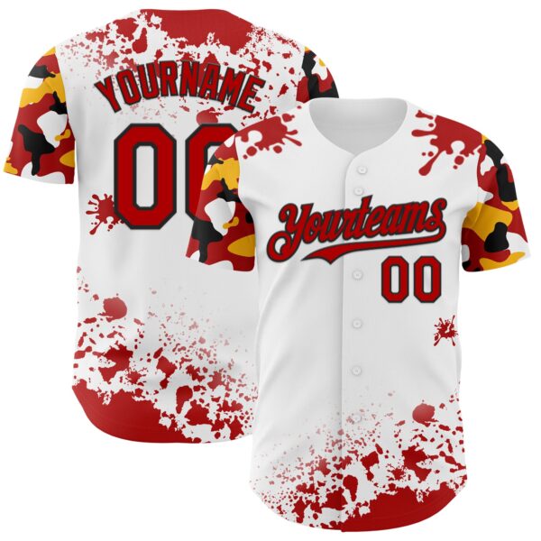 Custom White Red Black-Yellow Splatter Camo Two Tone Authentic Baseball Jersey