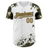 Custom White Old Gold Black-Olive Splatter Camo Two Tone Authentic Baseball Jersey