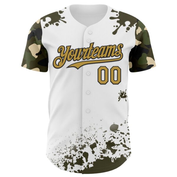 Custom White Old Gold Black-Olive Splatter Camo Two Tone Authentic Baseball Jersey